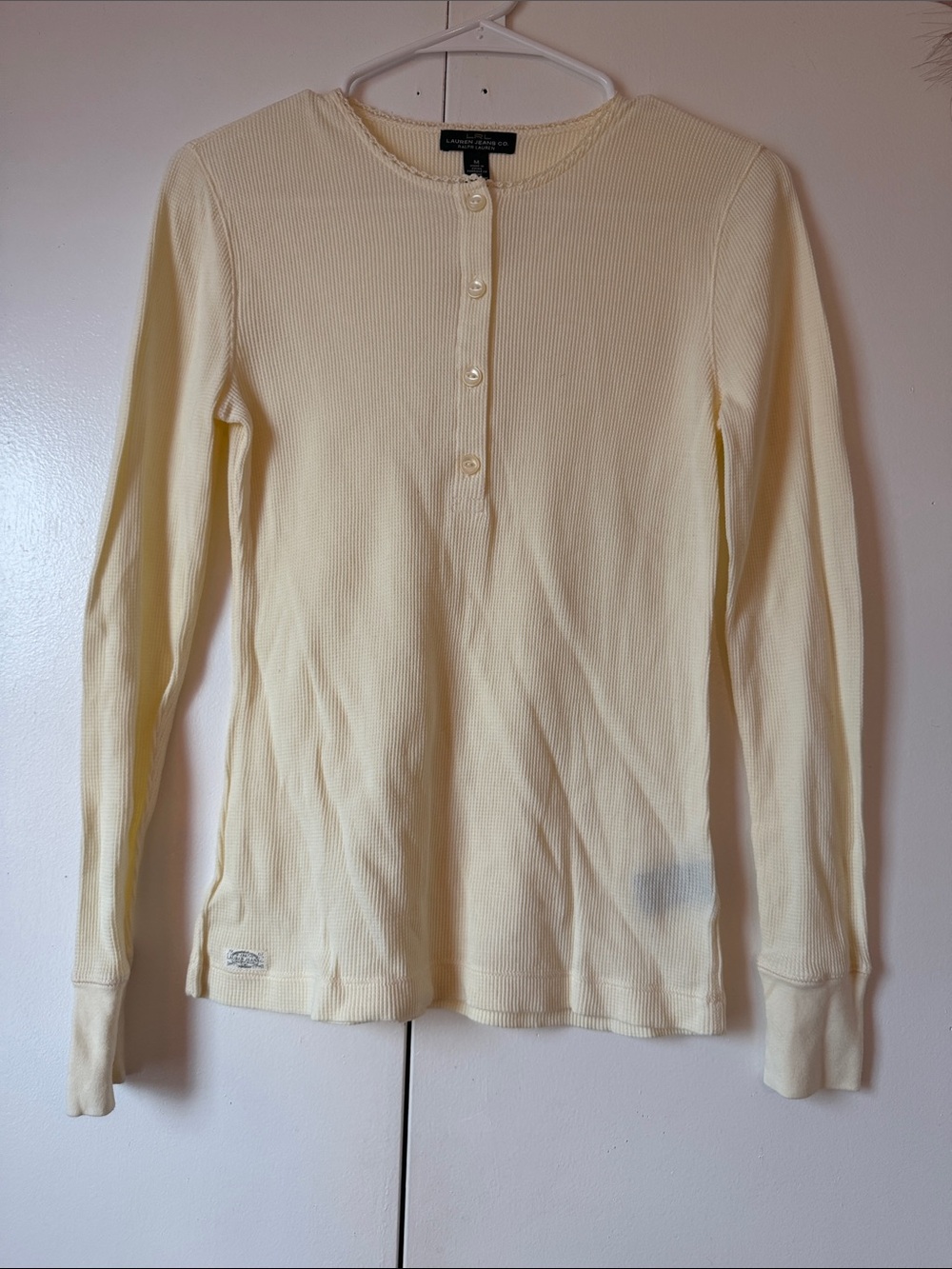 Lauren Ralph Lauren Pale Yellow Ribbed Henley Long Sleeve Sweater